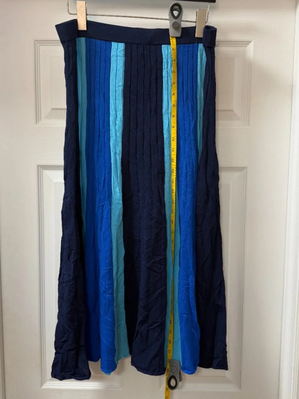 Eva Mendes  NY&Co Pleated Midi Skirt XL Blue Navy Aqua Stripe Knit Pull On - Picture 3 of 10